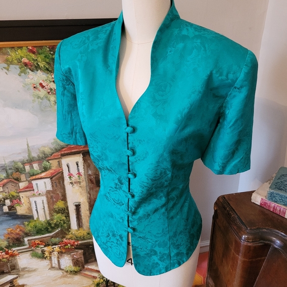 Vintage Silk Papell turquoise blouse 14 - Picture 2 of 5